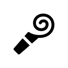 Illustration of a party horn blower with a spiral end and a handle, presented in a solid black silhouette