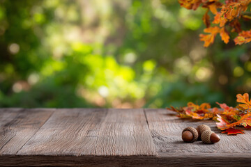 Autumn backdrop with product podium. Fall background for product advertising. Background with autumn leaves and acorns.