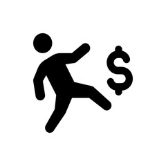 Silhouette of a person kicking a dollar sign representing financial setback or missed opportunity, isolated