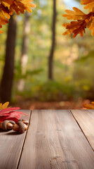 Autumn backdrop with product podium. Fall background for product advertising. Background with autumn leaves and acorns.