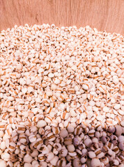 Dried Job’s Tears Seeds in Wooden Grocery Bin, Traditional Chinese Herb (Top View)