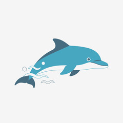 Fototapeta premium Blue dolphin illustration jumping out of water on a white background.