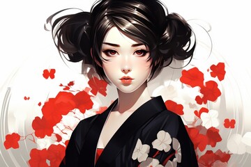 Elegant japanese woman with red eyes, black hair, and flowers