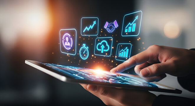 Digital tablet with glowing UI icons for business growth, cloud, and analytics tools