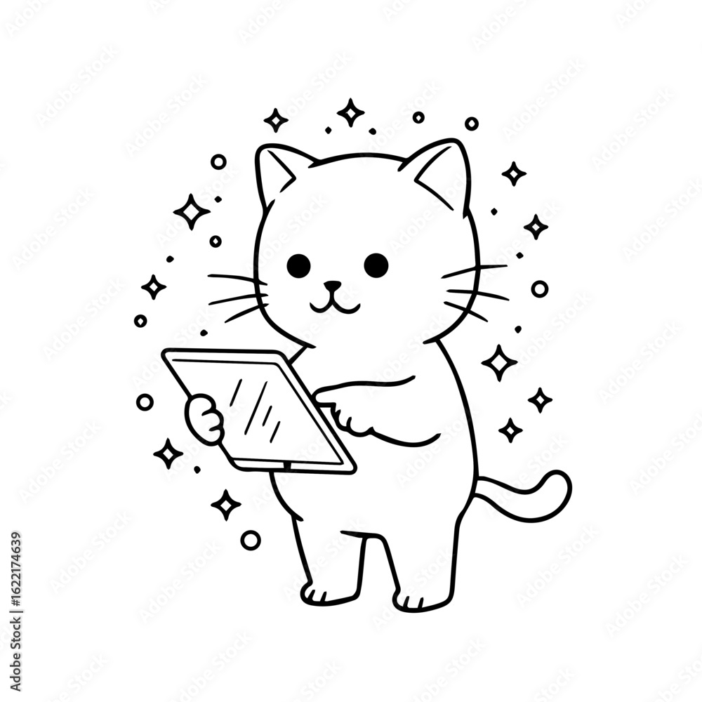 Poster adorable cat using tablet vector in minimalist black line art with sparkles and tech theme