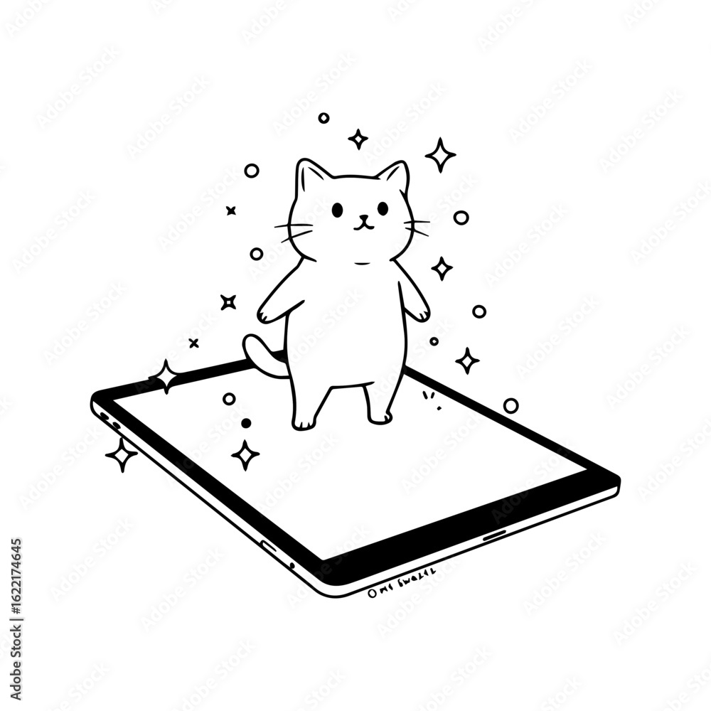 Poster cute cat hologram vector rising from tablet in minimal black line art with sparkles and tech style