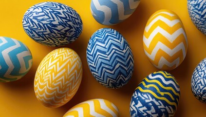 Fototapeta premium Colorful painted eggs, yellow background. Easter eggs with zig zag patterns in blue and yellow