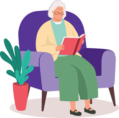 One Elderly Woman Sitting On Couch And Reading A Book At Home.