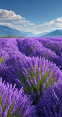 Obraz premium Lush lavender field stretches to a mountain range under a vibrant blue sky