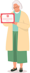 One Elderly Woman Standing And Showing Her Certificate.
