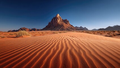 Naklejka premium Dramatic desert landscape with a prominent peak. Vast expanse of rippled red sand dunes leading to a majestic, rocky mountain silhouette against a vibrant blue sky