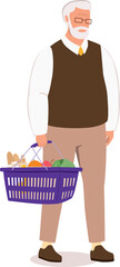 One Elderly Man Walking While Carrying A Shopping Basket Loaded With Groceries.