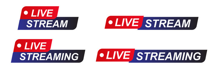 Live Stream icons Set, Rectangle Red and Blue symbols and buttons of live streaming, broadcasting online stream. Lower third template for tv, shows, movies and live performances. Vector design element