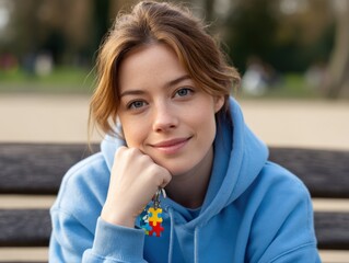 Portrait of light-skinned female with autism spectrum disorder in pastel environment, holding symbolic puzzle charm, dressed in blue for awareness visual projects, Selective Focus, Copy Space