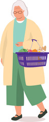 One Elderly Woman Walking While Carrying A Shopping Basket Loaded With Groceries.