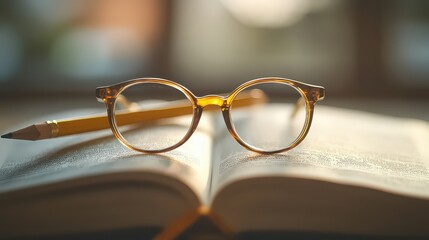A close up of glasses and a pencil resting on an open book with blurred background in soft lighting