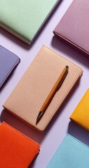 Fototapeta premium Colorful notebooks and a pen, arranged on a light background