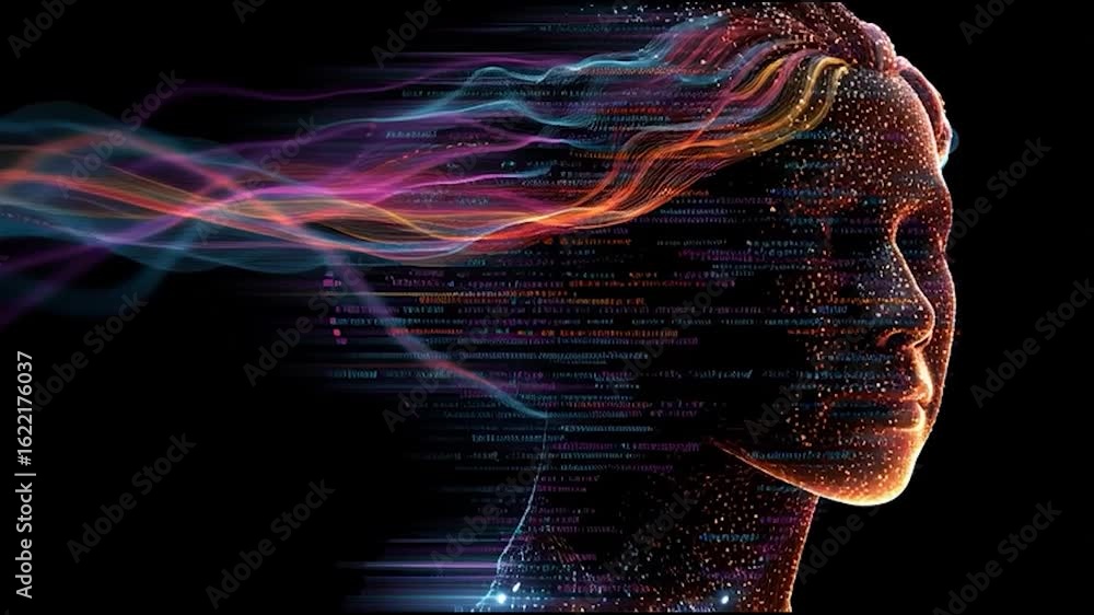 Aufkleber abstract digital portrait with flowing colorful data streams.