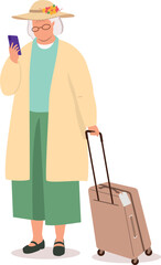 One Elderly Woman With Luggage Bag Checking At Her Mobile Phone.