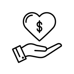 a hand holding a heart with a dollar sign vector icon