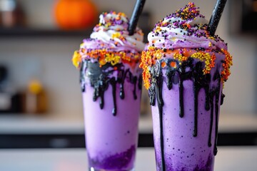 Halloween purple milkshakes, sprinkles, black drizzle