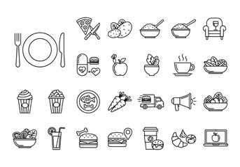 Line art illustration featuring various food items and related objects arranged in a grid pattern