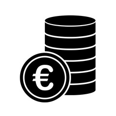 euro currency vector icon, A stack of euro coins with one coin showing the euro symbol in black and white illustration