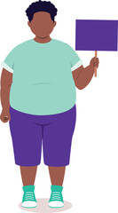 Front View Of A Chubby Black Little Boy Standing With One Hand Holding An Empty Placard With Wood Stick.