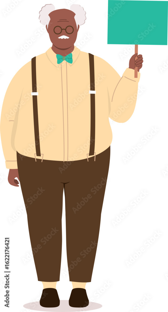 Poster front view of a plus size black elderly man standing with one hand holding an empty placard with woo