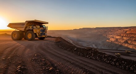 A massive yellow haul truck sits at the edge of a vast open-pit mine, bathed in the warm light of a sunrise or sunset over the industrial landscape.