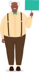 Front View Of A Plus Size Black Elderly Man Standing With One Hand Holding An Empty Placard With Wood Stick.