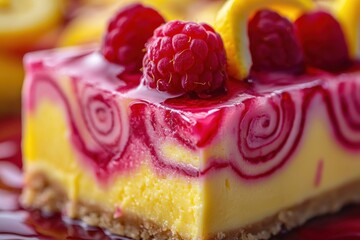 Raspberry swirl cheesecake with fresh raspberries