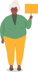 Front View Of A Plus Size Black Elderly Woman Standing With One Hand Holding An Empty Placard With Wood Stick.