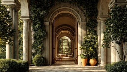 Sunlight-drenched colonnade, arches, lush greenery