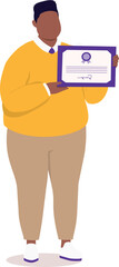 One Plus Size Black Man Standing And Showing His Certificate.