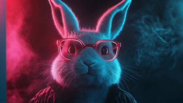 Cute rabbit close up portrait with fur, whisker, and ears wearing glasses illuminated by neon pink and blue lighting, surrounded by smoke creating futuristic and playful animal atmosphere