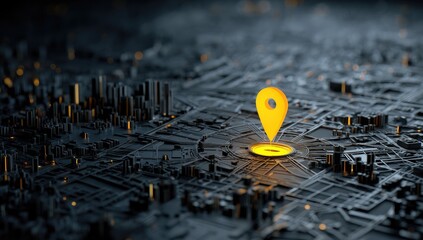 High-tech map marker on a dark, intricate city grid