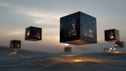 Dark, floating cubes hover over a sandy desert landscape at sunset