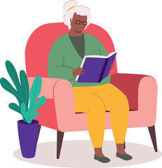 One Plus Size Black Elderly Woman Sitting On Couch And Reading A Book At Home.