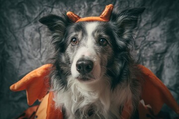 A dog with orange devil horns and wings against a textured gray backdrop