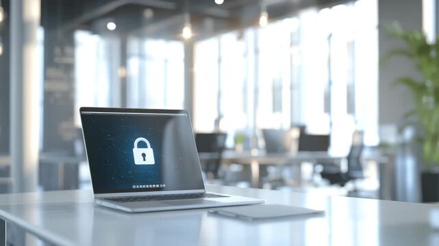 Laptop with digital lock icon on screen on office desk symbolizing cybersecurity data protection technology computer security workspace bright natural light modern screen