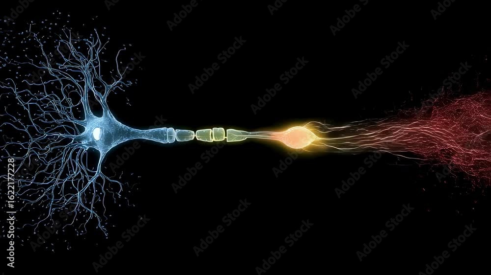 Poster colorcoded schematic of sensory and motor neurons in a reflex arc demonstrating the biological mecha