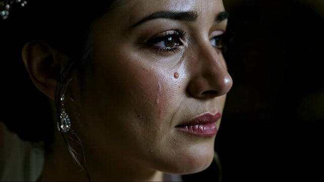 Emotional close up of bride's face with tears welling in her eyes and running down her cheek. Concept of intense emotion, vulnerability, and overwhelming feelings on wedding day. Horizontal banner