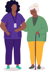 Plus Size Black Female Nurse With Medical Scrubs Helping An Elderly Woman.
