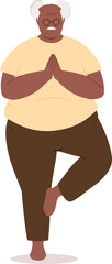 One Plus Size Black Elderly Man Standing And Doing Yoga In Prayer Pose On One Leg.