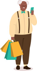 One Plus Size Black Elderly Man With Shopping Bags Looking At His Handphone.