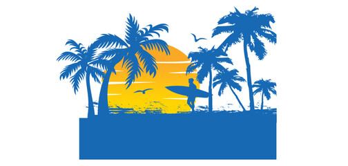 sun beach ocean palm tree vector logo design, Summer tropical beach sunset poster