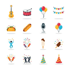 Collection of flat icons representing celebration and entertainment
