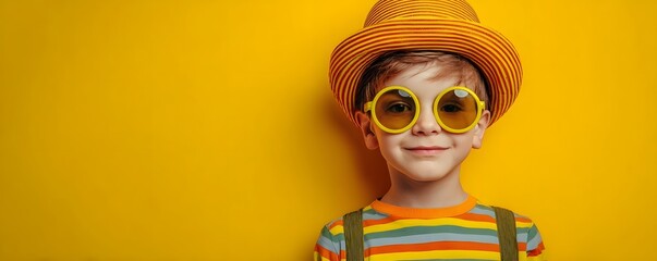 Joyful child in carnival costume on yellow background