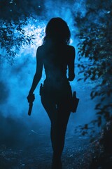 Adventurer walking with pistol in dark blue woods